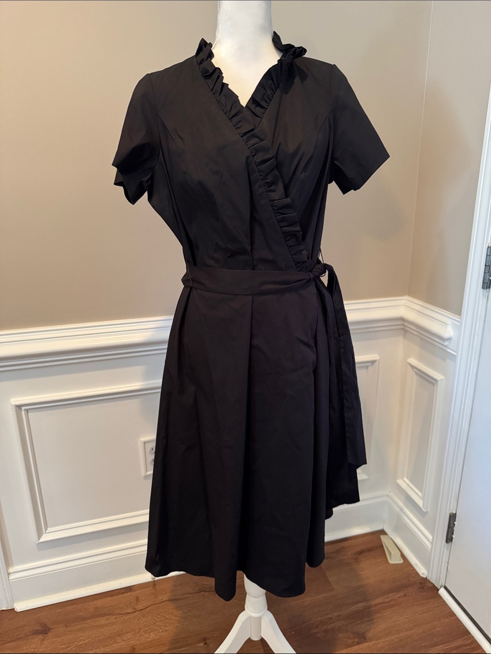 Black Ruffle-Trim Wrap Midi Dress